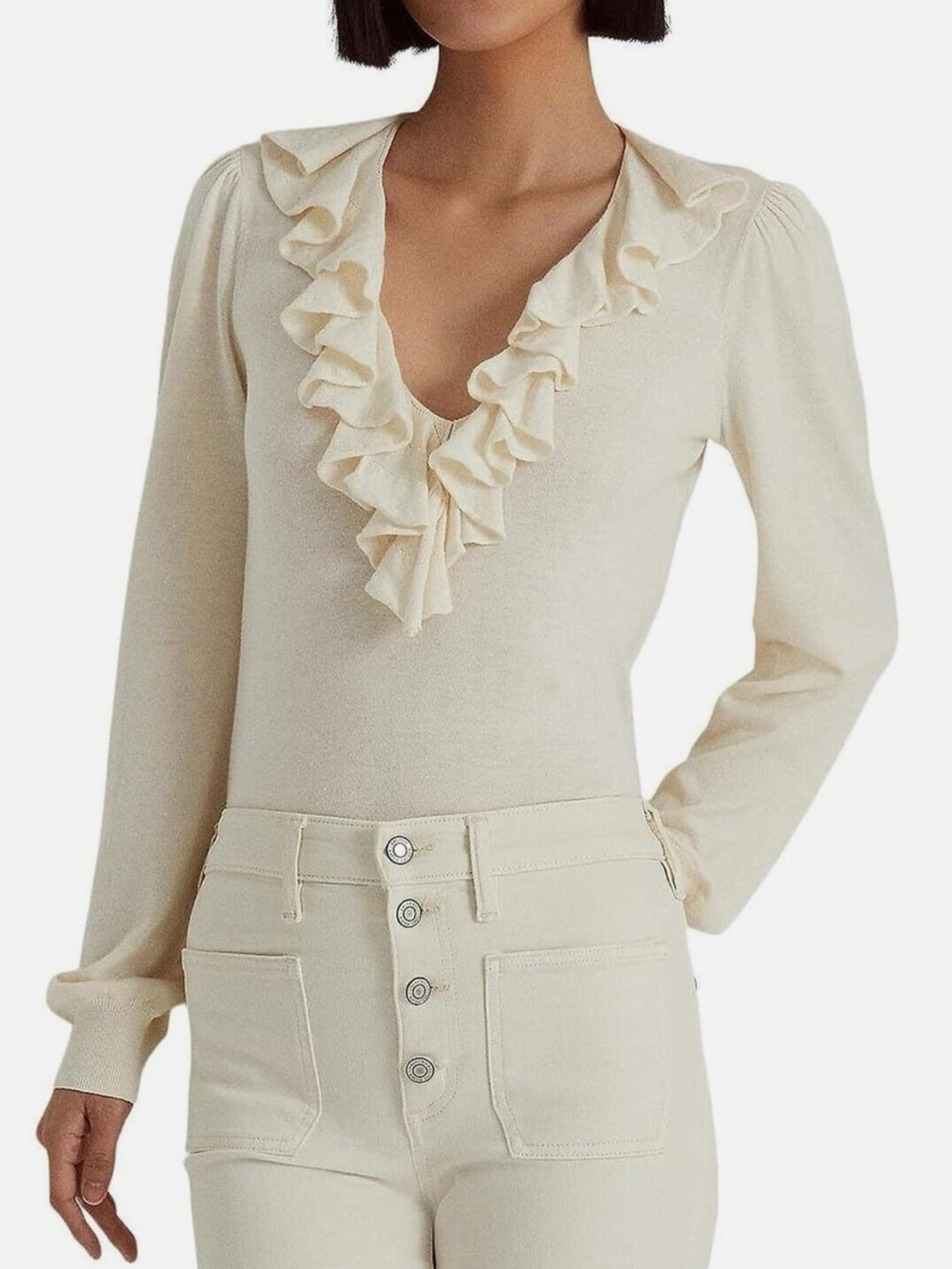 Lauren by Ralph Lauren Cream Lightweight Feminine Ruffle V-Neck Sweater Size: PL